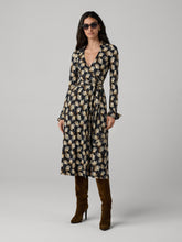 Load image into Gallery viewer, DVF	OG SILK JERSEY WRAP DRESS	GINGKO FANS MINI BLACK