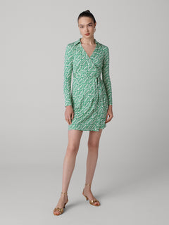 DVF	JEANNE WRAP DRESS	DESERT PALM MINI INDIAN GREEN