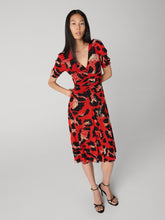 Load image into Gallery viewer, DVF	KOREN REVERSIBLE DRESS SHIP LIGHTS BLACK/SEU LEOP BIG SIG RED