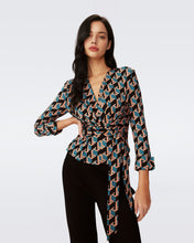 Load image into Gallery viewer, DVF	RACHAEL L/S TOP INTERMISSION GEO SIG TURQUOISE