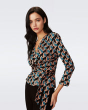 Load image into Gallery viewer, DVF	RACHAEL L/S TOP INTERMISSION GEO SIG TURQUOISE