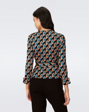 Load image into Gallery viewer, DVF	RACHAEL L/S TOP INTERMISSION GEO SIG TURQUOISE