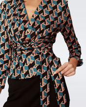 Load image into Gallery viewer, DVF	RACHAEL L/S TOP INTERMISSION GEO SIG TURQUOISE