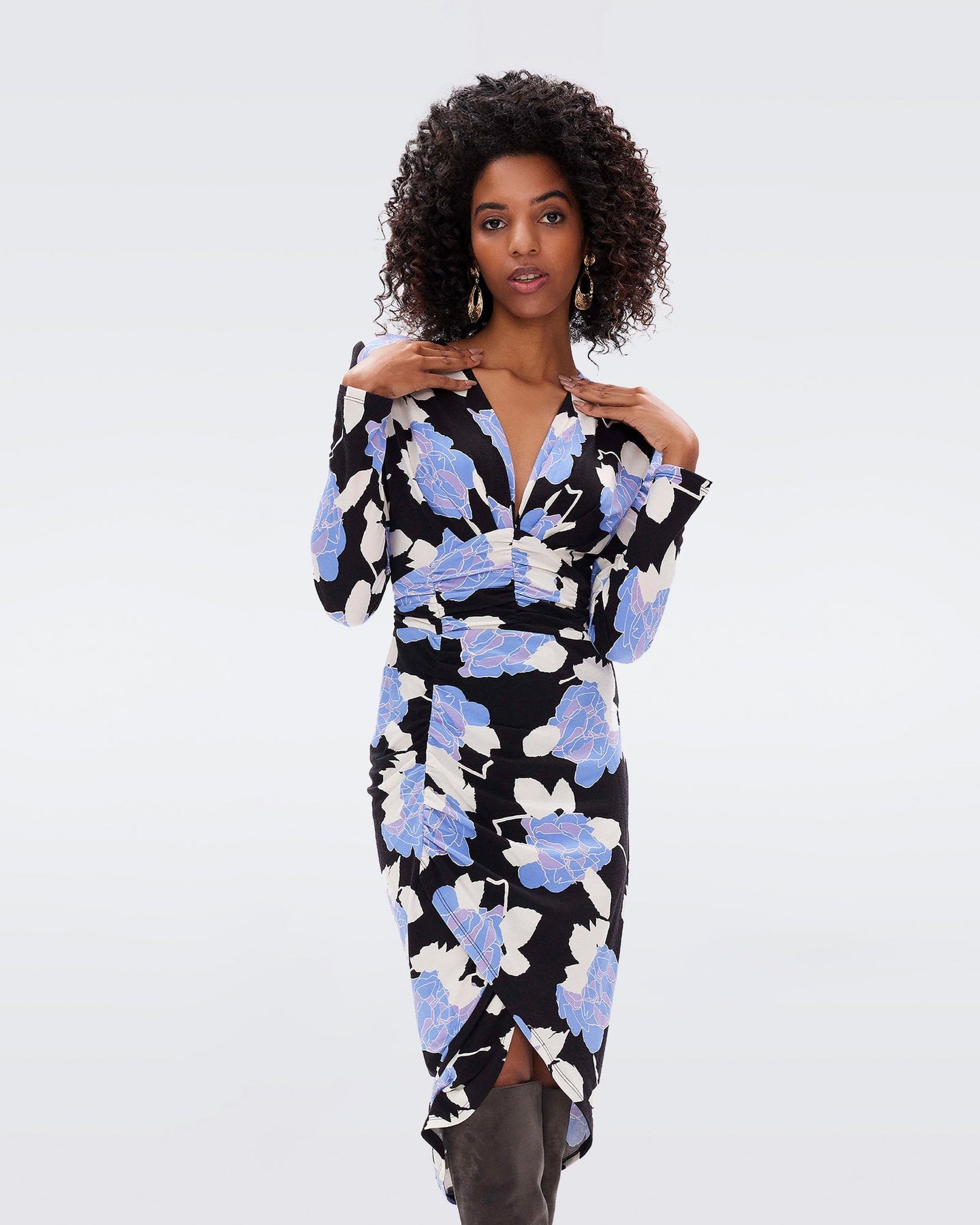 DVF MAGENA DRESS CAMO FLORAL LG SKY BLUE