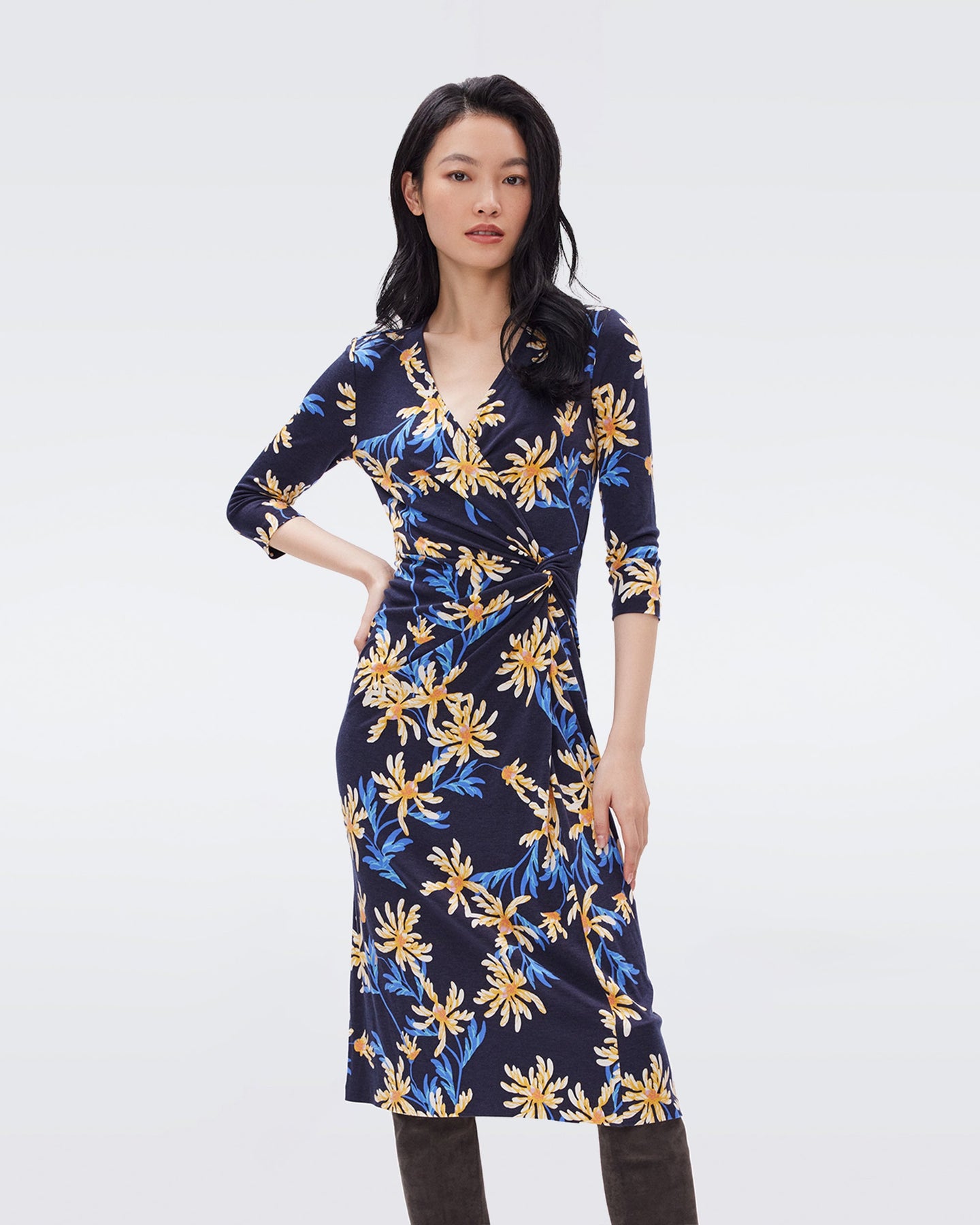 DVF BORRIS DRESS PARIS FLORAL LG NAVY