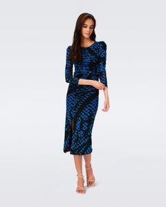 PRIYANKA REVERSIBLE MESH DRESS IN FOLDED CHAIN BLUE AND FORTUNE ROSE DOT