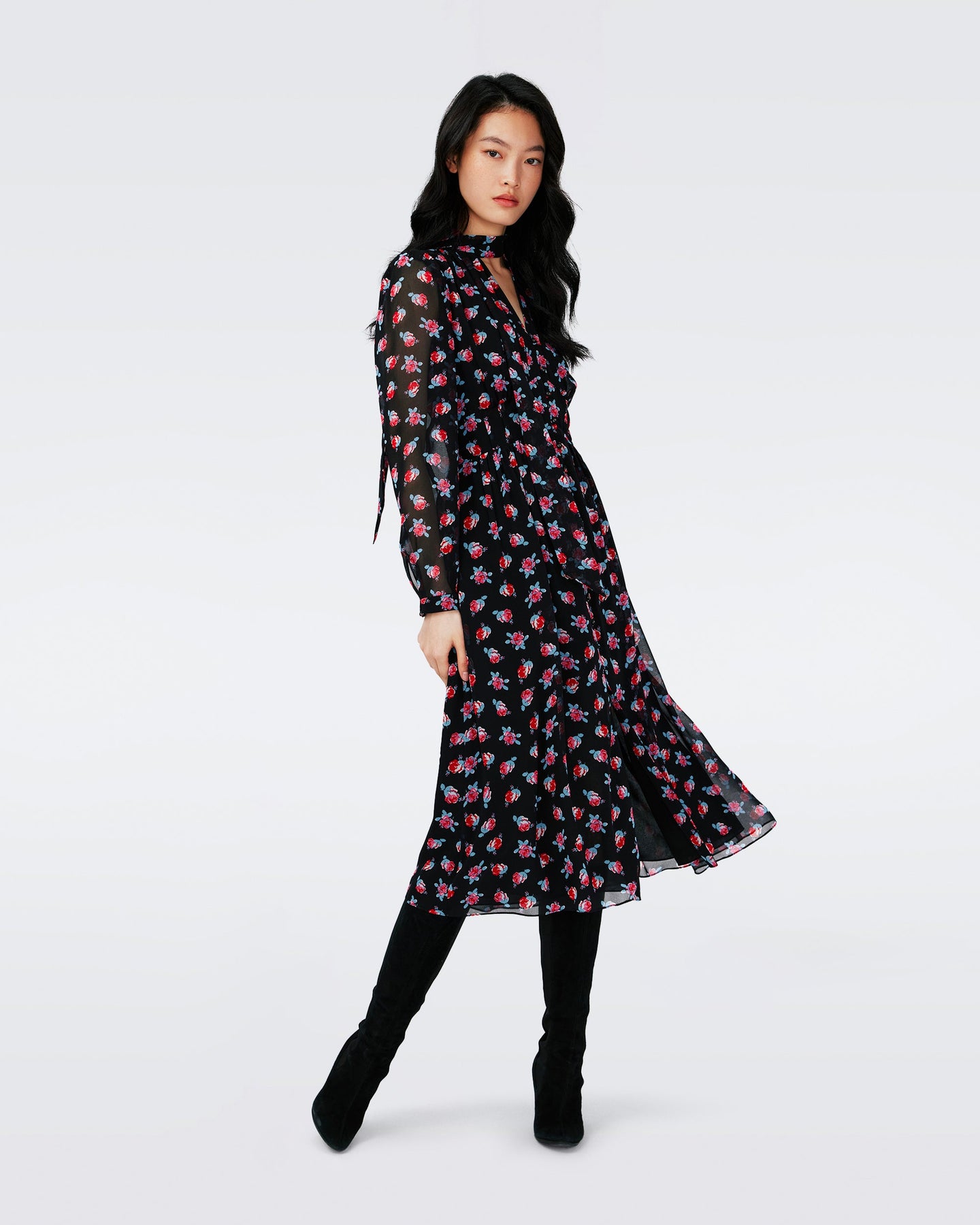 ERICA LONG SLEEVE MIDI DRESS IN FORTUNE ROSE DOT