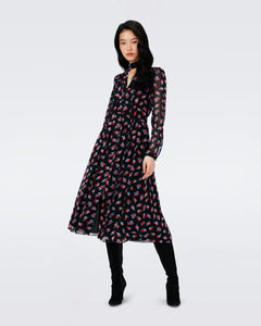 ERICA LONG SLEEVE MIDI DRESS IN FORTUNE ROSE DOT