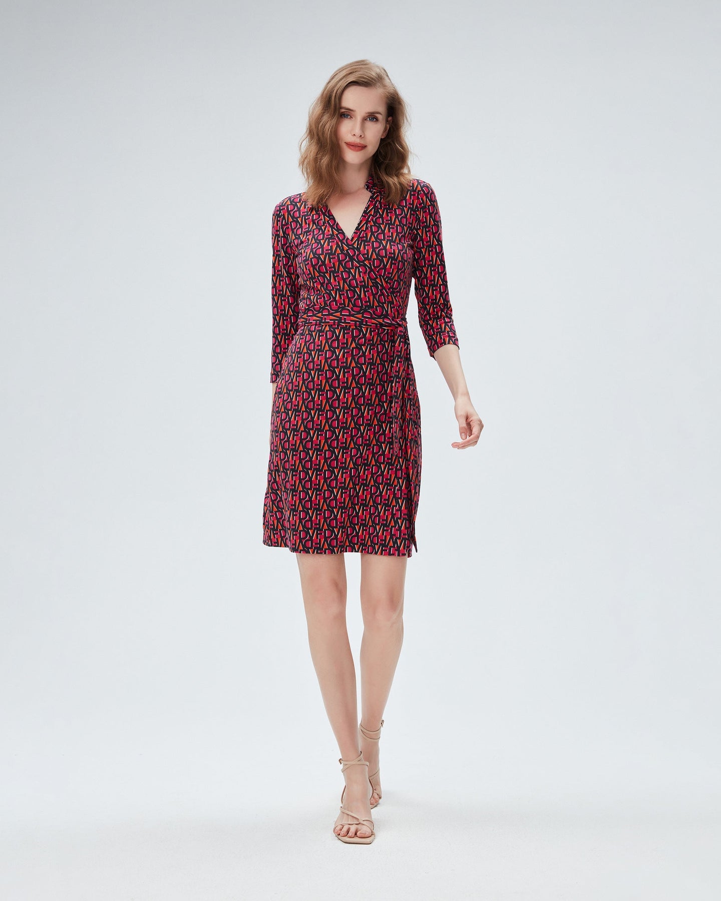 DVF NEW JEANNE TWO 3/4 DRESS DVF STAMP SM SHOCKING