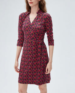 DVF NEW JEANNE TWO 3/4 DRESS DVF STAMP SM SHOCKING