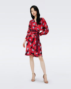 MIKAH FAUX WRAP DRESS IN FEATHER FAN