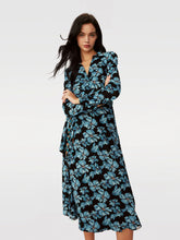 Load image into Gallery viewer, DVF	PHOENIX REVERSIBLE DRESS INTERMI GEO TURQ/OPERA FRL BLK