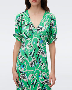 DVF ORLA DRESS BUTTERFLY FLORAL SIG GREEN