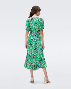 DVF ORLA DRESS BUTTERFLY FLORAL SIG GREEN