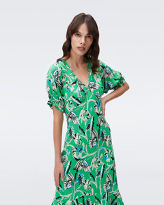 DVF ORLA DRESS BUTTERFLY FLORAL SIG GREEN