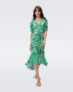 DVF ORLA DRESS BUTTERFLY FLORAL SIG GREEN
