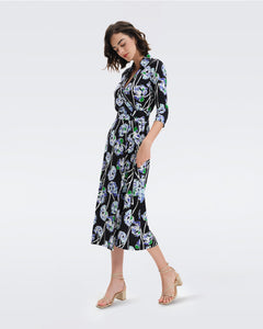 DVF ABIGAIL MIDI DRESS WATERCOLOR FLORAL LG BLACK