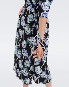 DVF ABIGAIL MIDI DRESS WATERCOLOR FLORAL LG BLACK