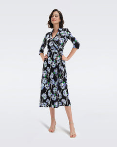 DVF ABIGAIL MIDI DRESS WATERCOLOR FLORAL LG BLACK