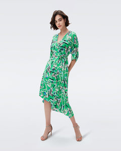 DVF ELOISE MIDI DRESS BUTTERFLY FLORAL SIG GREEN