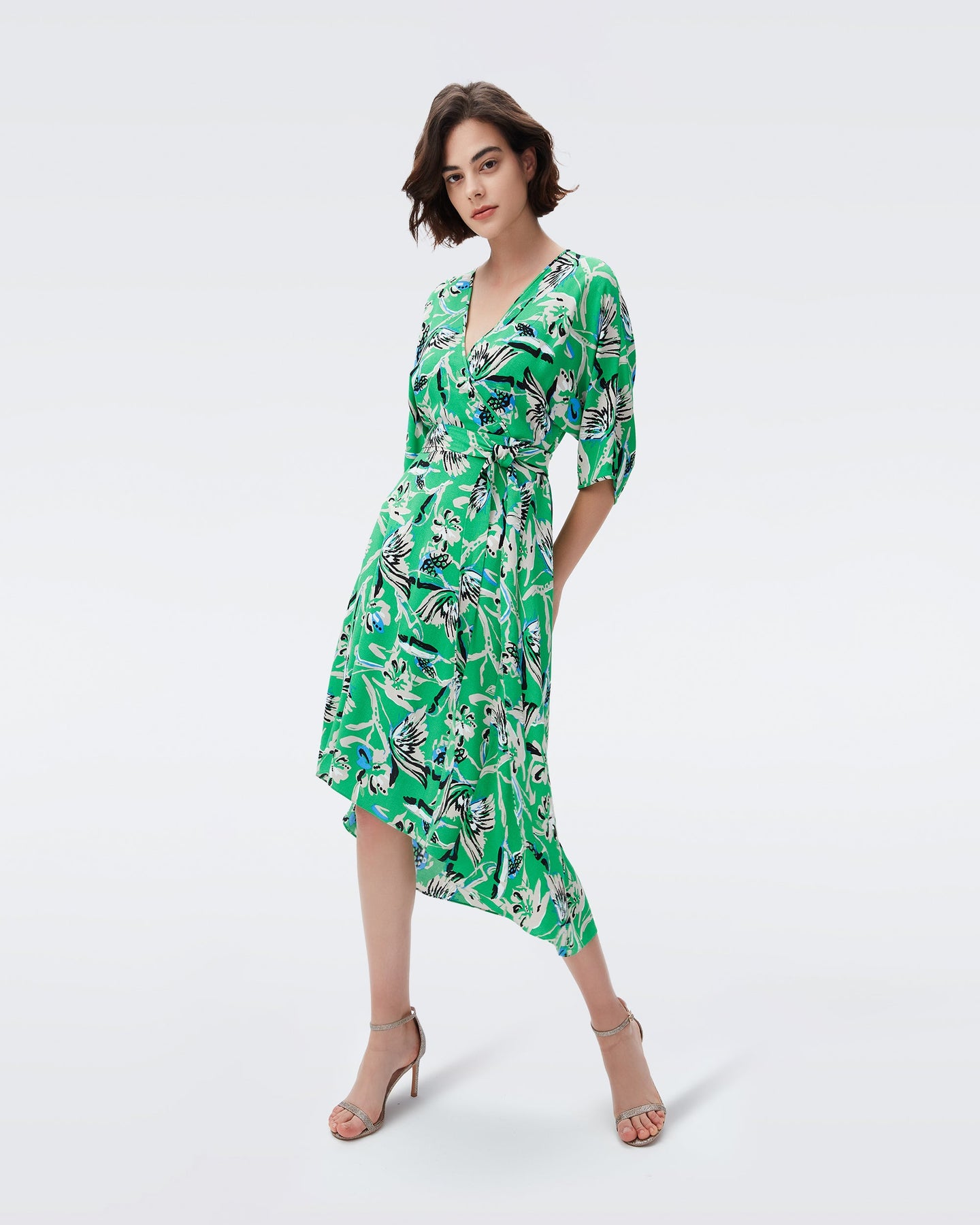 DVF ELOISE MIDI DRESS BUTTERFLY FLORAL SIG GREEN